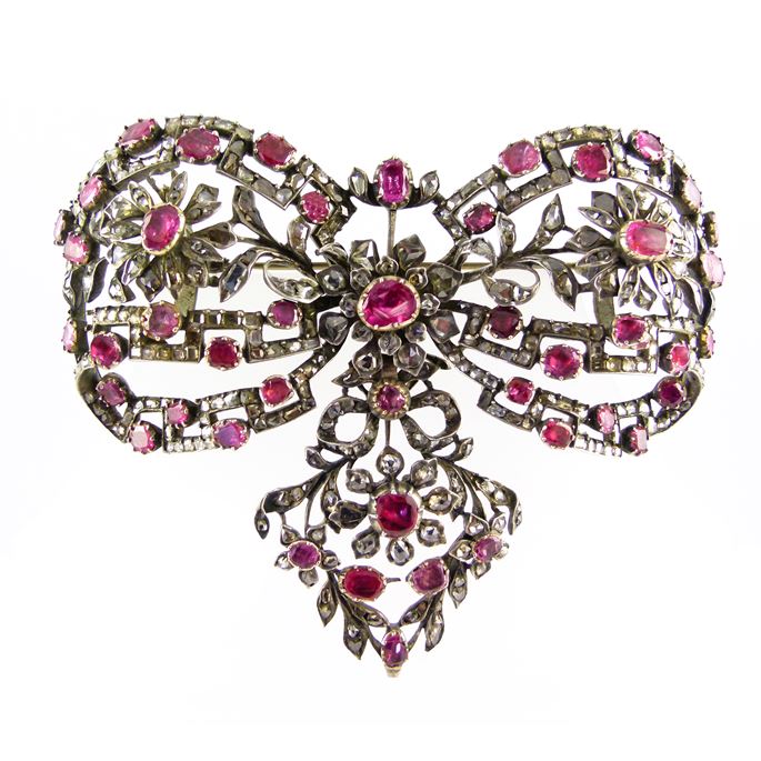 Late 18th century ruby and rose cut diamond openwork bow brooch | MasterArt